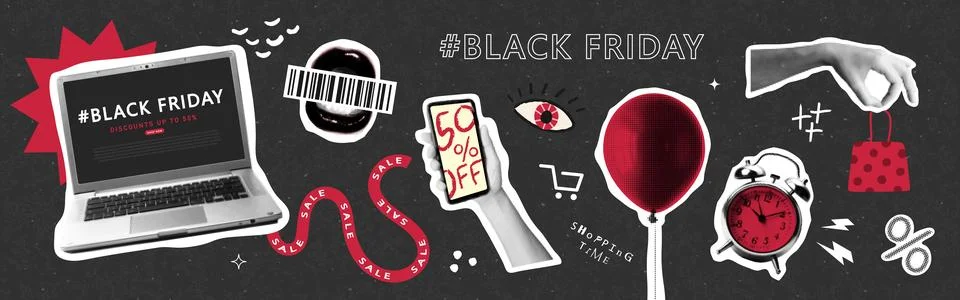 Halftone set of elements for Black Friday. Creative collage elements laptop,  Stock Illustration