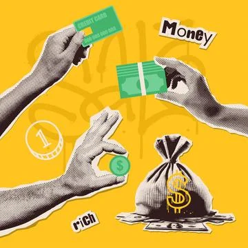 Halftone set of hands with torn out paper collage elements of money theme hand Stock Illustration