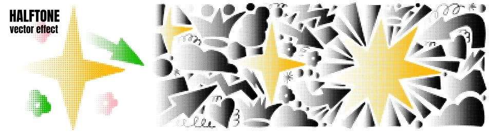 Halftone shape set of doodle starbursts and arrows. Black pixel dots with yellow Stock Illustration