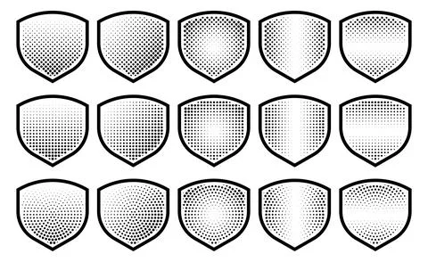 Halftone shield icon set, safety badge dotted symbol, protection defense Stock Illustration