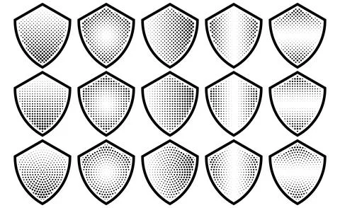 Halftone shield icon set, safety badge dotted symbol, protection defense Stock Illustration
