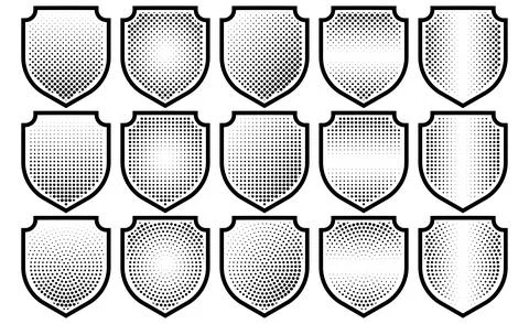 Halftone shield icon set, safety badge dotted symbol Stock Illustration