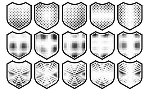 Halftone shield icon set, safety badge dotted symbol Stock Illustration