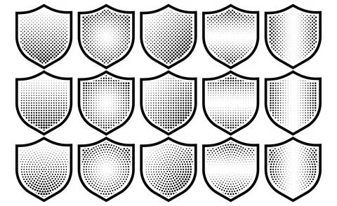 Halftone shield icon set, safety badge dotted symbol Illustrazione stock