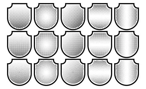 Halftone shield icon set, safety badge dotted symbol Stock Illustration