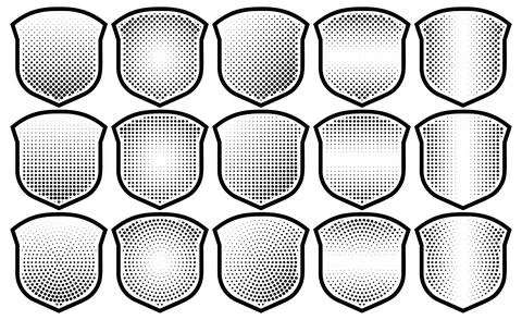 Halftone shield icon set, safety badge dotted symbol Stock Illustration
