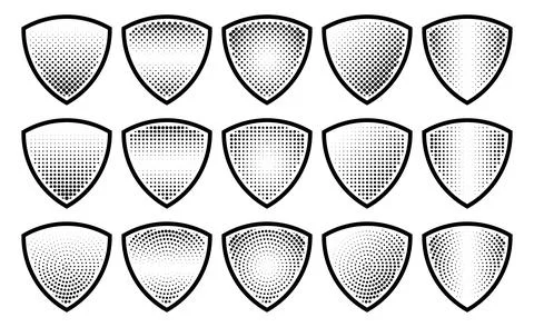Halftone shield icon set, safety badge dotted symbol Stock Illustration