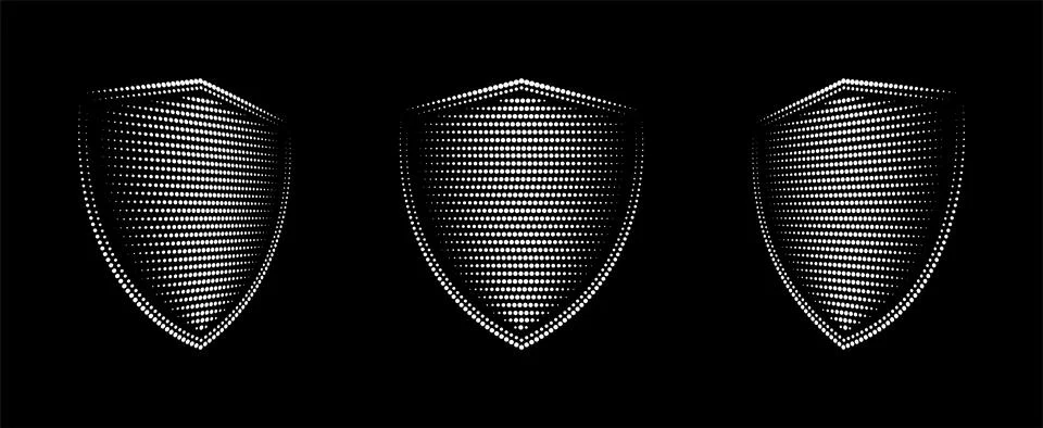 Halftone shield set. Protective shield made of dots. Protect security and safety Stock Illustration