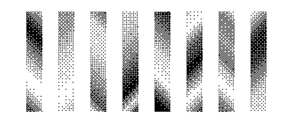 Halftone slanted gradient border set. Pixelated long dotted separator or divider Illustrazione stock
