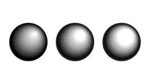 Halftone spheres set. Semitone dotted globes. Comic texture circles. Round Stock Illustration