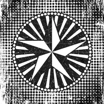 Halftone style dots background with circle frame, rays and star, black and white Stock Illustration