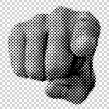 Halftone style human hand pointing forward isolated on white background ele.. Stock Illustration