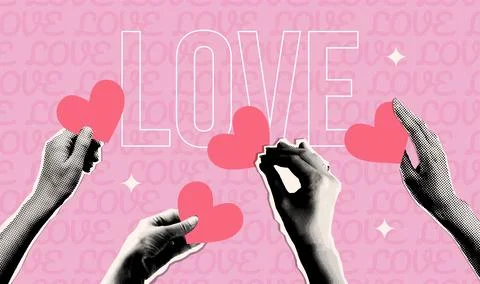 Halftone torn out collage Hands holding hearts. Valentine's day banner template Stock Illustration