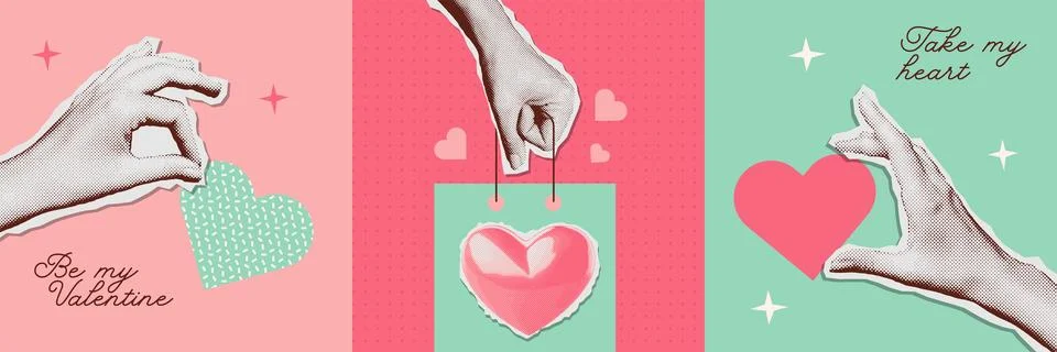 Halftone Valentines day collage covers set in contemporary mixed media style Stock Illustration