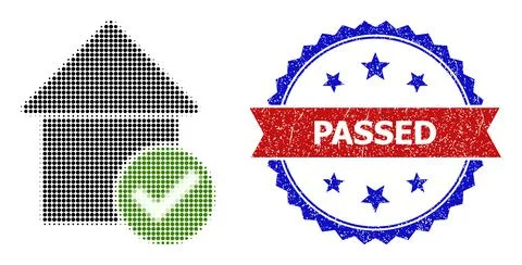 Halftone Valid House Icon and Distress Bicolor Passed Watermark Stock Illustration