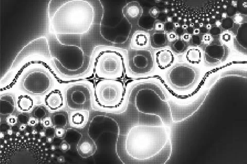 Halftone vector design wiht glowing shapes, lines, and circles in monochrome Stock Illustration