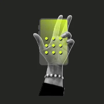 Halftone Vector Hand Touching Digital Interface With Dotted Abstract Smartphone Stock Illustration