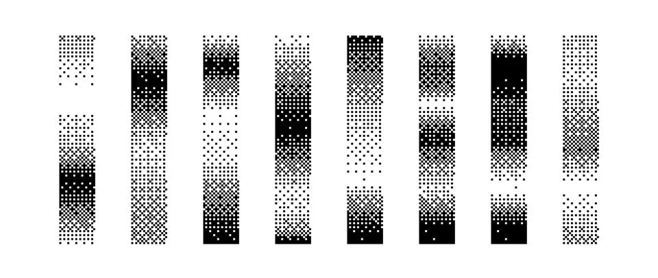 Halftone vertical gradient border set. Bitmap long dotted separator or divider Stock Illustration