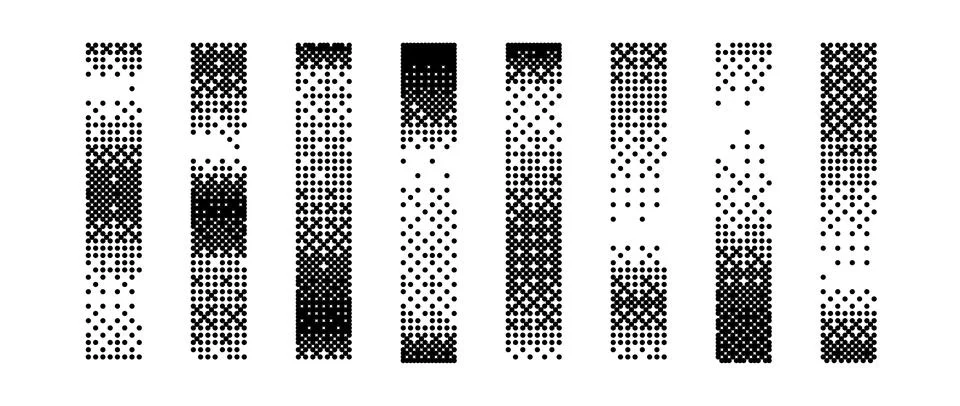 Halftone vertical gradient border set. Bitmap long dotted separator or divider Stock Illustration