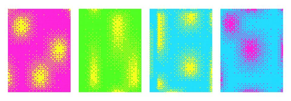 Halftone vibrant comic backgrounds set. Noise grid gradient duotone design cover Stock Illustration