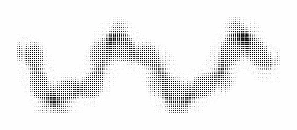 Halftone wave shape pattern. Black square dots forming horizontal wavy line.. Stockillustratie