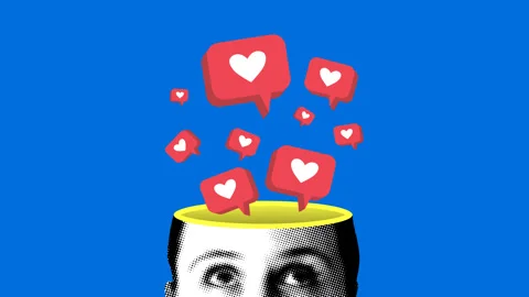 Halftone woman's head is full of heart reactions from social networks Stock Footage 330285080