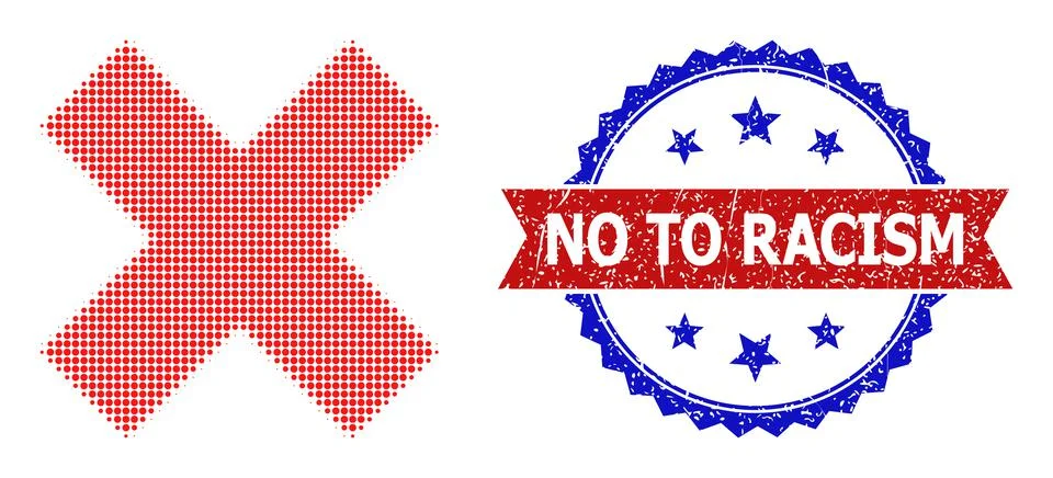 Halftone X-Cross Delete Icon and Textured Bicolor No to Racism Stamp Illustrazione stock