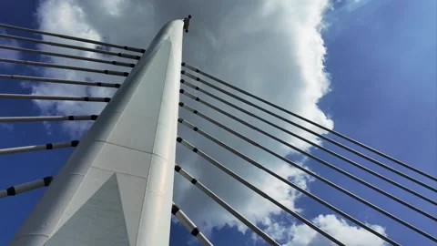 Halic Metro Bridge Pylon and Steel Cables Against Blue Sky in Istanbul. Stockbeeldmateriaal 334169649