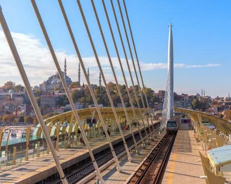 Halic Metro Bridge train platform and the Suleymaniye Mosque in the backgroun Stock Photos