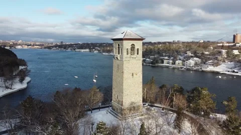 Halifax, Nova Scotia- Dingle Tower &amp; Northwest Arm Flyover in Winter Stock Footage 167785077