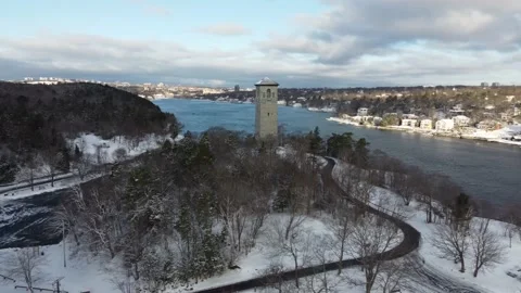 Halifax, Nova Scotia- Dingle Tower &amp; Northwest Arm Flyover in Winter Stock Footage 167785238