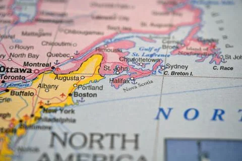 Halifax Nova Scotia on World Map with Defocused Geography Background 스톡 사진