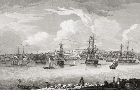 Halifax town and harbour, Nova Scotia, Canada in the 18th century.  After a work Stock Illustration