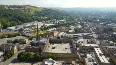Halifax Town Centre &amp;amp; The Piece Hall by Drone Stock Footage 211406432
