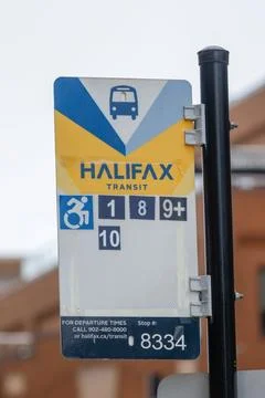 Halifax Transit bus stop information sign post with Bus Routes, Express Routes Stock Photos