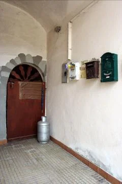 Hall with door and mailboxes Stock Photos