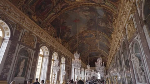 The Hall of Mirrors Baroque style gallery in royal Palace of Versailles, France Stock Footage 275871891