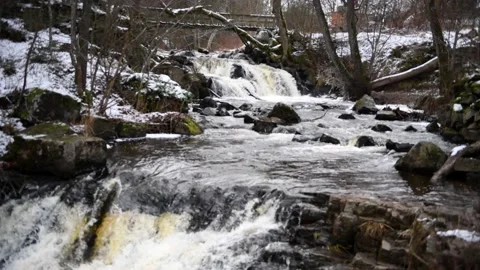 Hallamölla water fall, winter, Skåne, Sweden Stock Footage 221583253