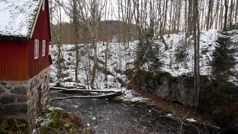 Hallamölla water fall, winter, Skåne, Sweden Stock Footage 221583427