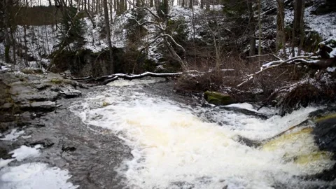 Hallamölla water fall, winter, Skåne, Sweden Stock Footage 221583579