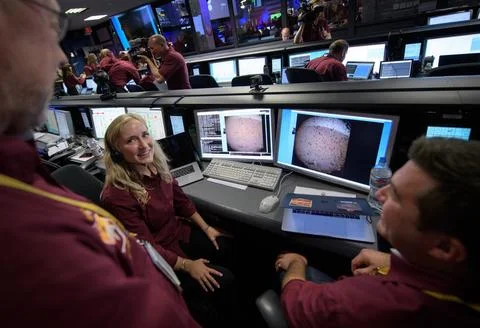 Hallie Gengl, Data Visualization Developer, NASA JPL, left, and Brent Shock.. Stock Photos