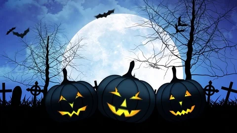 Hallloween Pumpkins with Moon in Blue Sky Stock Footage 79791990