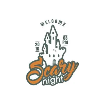 Halloween 2016 party label template with holiday symbols - halloween castle and Illustrazione stock
