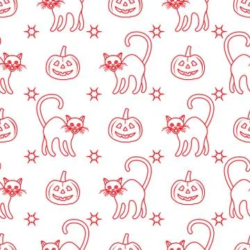 Halloween 2019 seamless pattern. Pumpkins, cats. Stock Illustration
