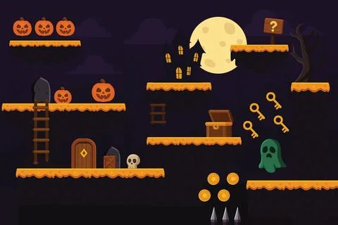 Halloween 2D Platformer Game Level Kit Stock Illustration