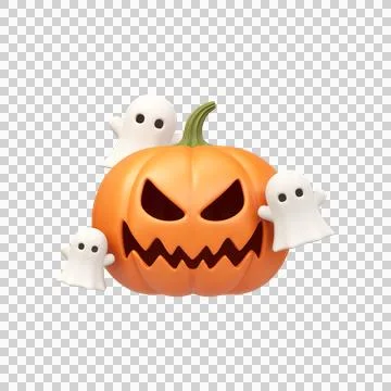 Halloween 3d pumpkin with flying ghost spirits Stock Illustration