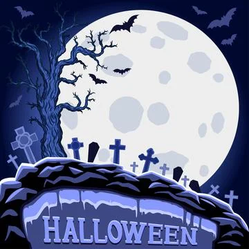 Halloween abstract background with moon and tree on cemetery. Halloween Party Stock Illustration