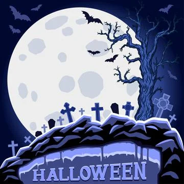 Halloween abstract background with moon and tree on cemetery. Halloween Party Stock Illustration