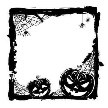 Halloween abstract background with pumpkins and black spiders in web. Stock Illustration