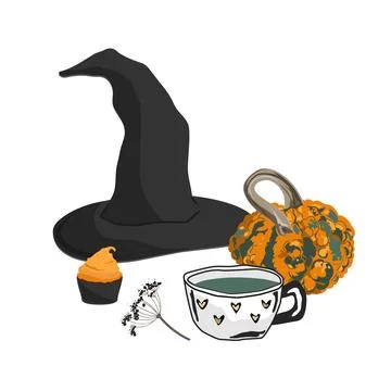 Halloween Aesthetic Composition with a Witch Hat, Warty Gourd, pumpkin cupcak Stock Illustration